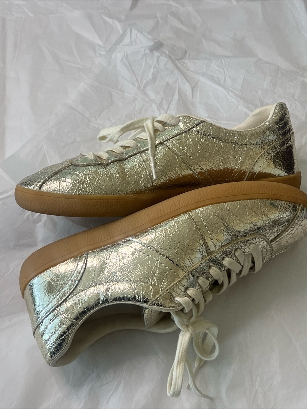 Zara Cracked Metallic Gold Sneakers with Cream Laces - Picture 8 of 15